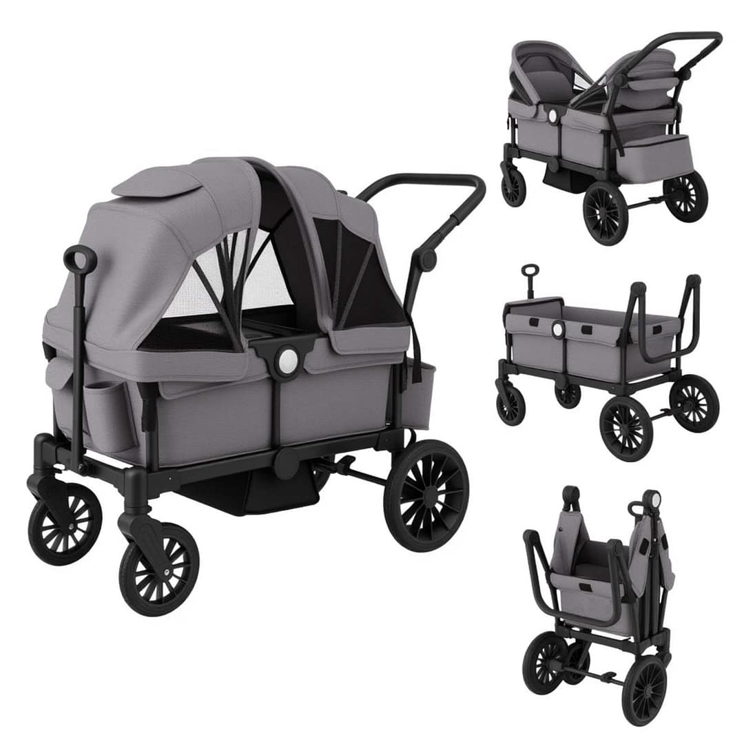 Costway Passeggino doppio da spingere e tirare con cintura a 3 punti, Passeggino pieghevole per bambini da 6 mesi in su Grigio