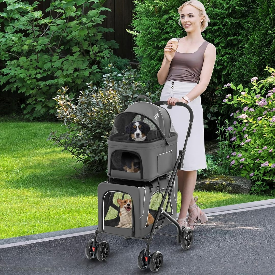 Costway Passeggino per animali a 2 posti per 2 cani o gatti con 2 trasportini rimovibili, Passeggino 3 in 1 pieghevole per cani Grigio