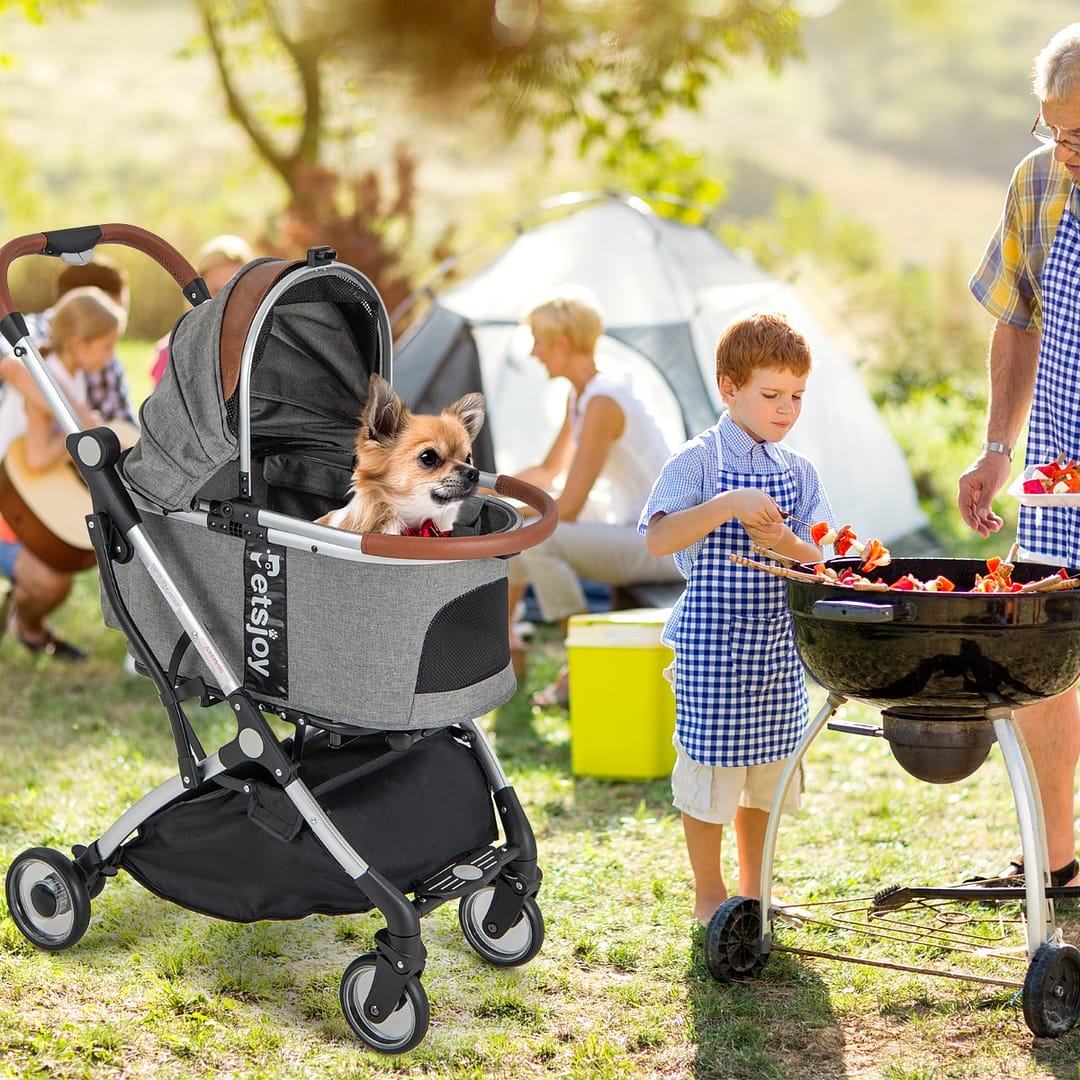 Costway Passeggino per cani gatti con copertura impermeabile rimovibile cestello portaoggetti, Passeggino pieghevole Grigio