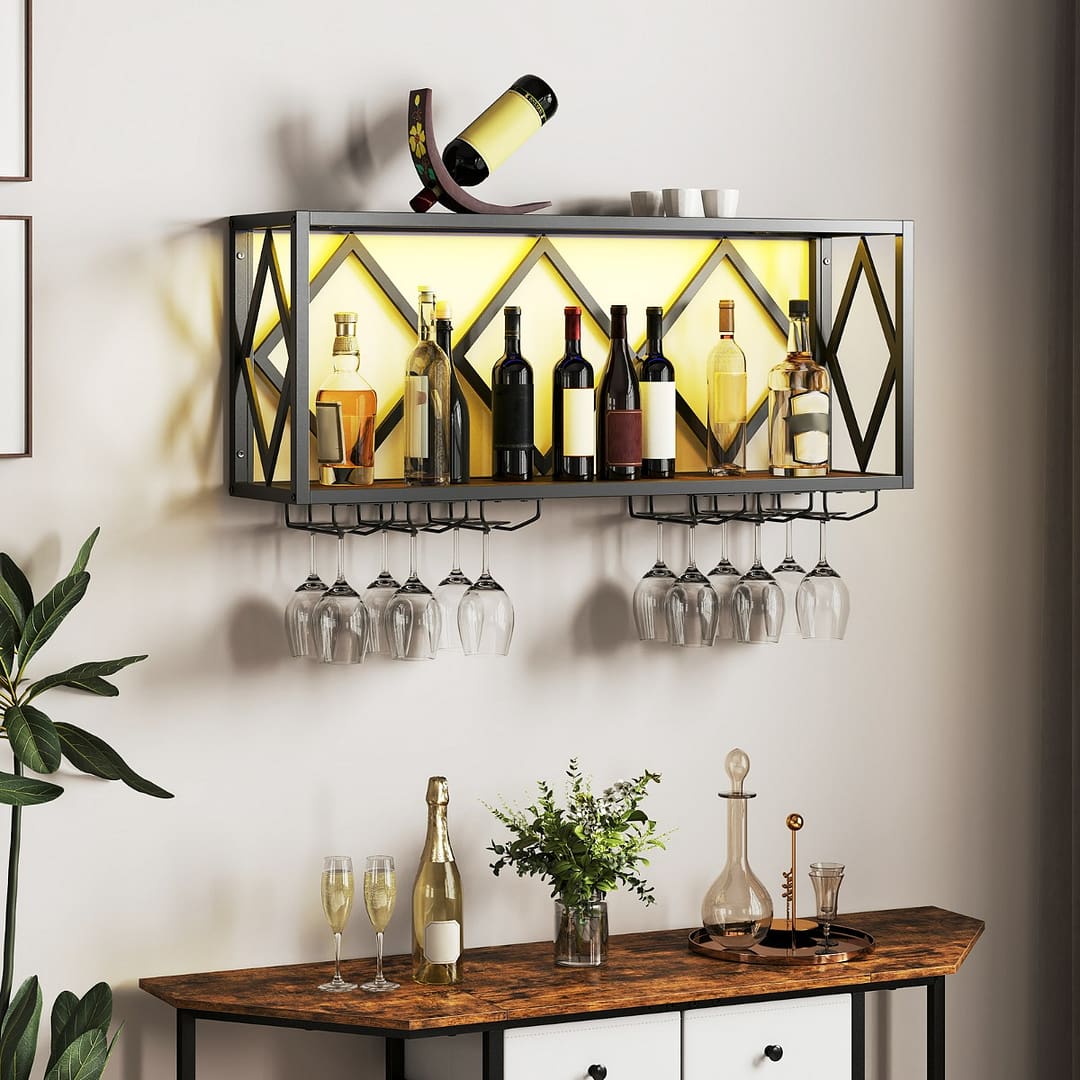 Costway Portabottiglie da parete con striscia LED a 16 colori e 6 portabicchieri, Mensola espositiva in metallo Marrone e Nero