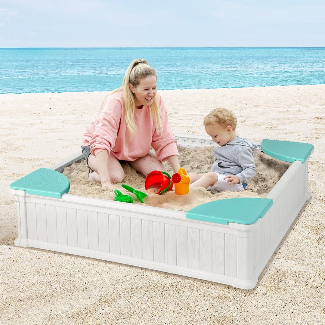 Costway Sabbiera bambini con copertura in Oxford rivestimento del terreno 4 sedili angolari, Sabbiera per cortile Bianco