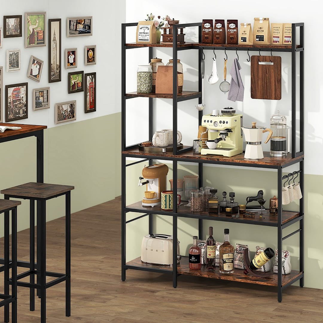 Costway Scaffale da cucina con prese di corrente, Tavolo bar con 5 ripiani e 10 ganci a forma di S Marrone rustico