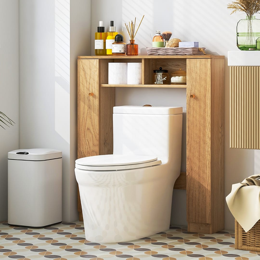 Costway Scaffale sopra WC con doppia anta 2 scomparti aperti e 4 ripiani regolabili, Mobile a ponte per bagno Naturale