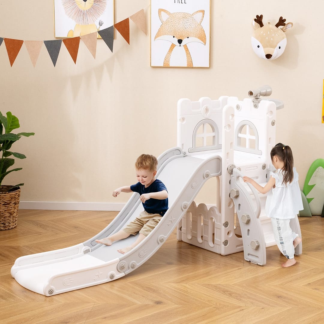 Costway Scivolo per interni con canestro da basket e telescopio con spazio, 6 in 1 scivolo toddler a forma di L di archiviazione Grigio e bianco