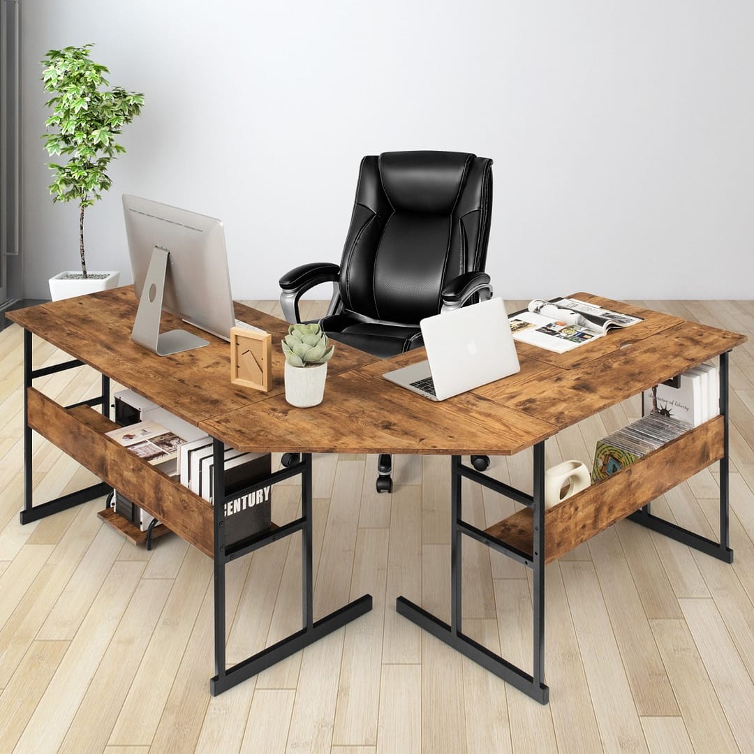 Costway Scrittoio per computer ad angolo a forma di L, Tavolo disegno con piano inclinabile supporto CPU Marrone