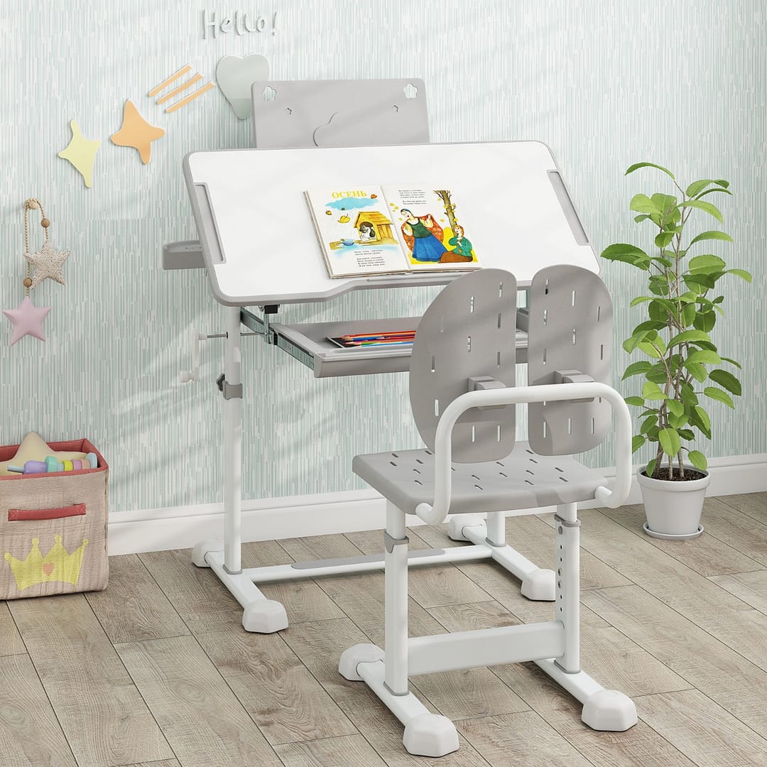 Costway Scrivania per bambini con piano inclinabile sedia ergonomica, Set di scrivania e sedia regolabile in altezza Grigio