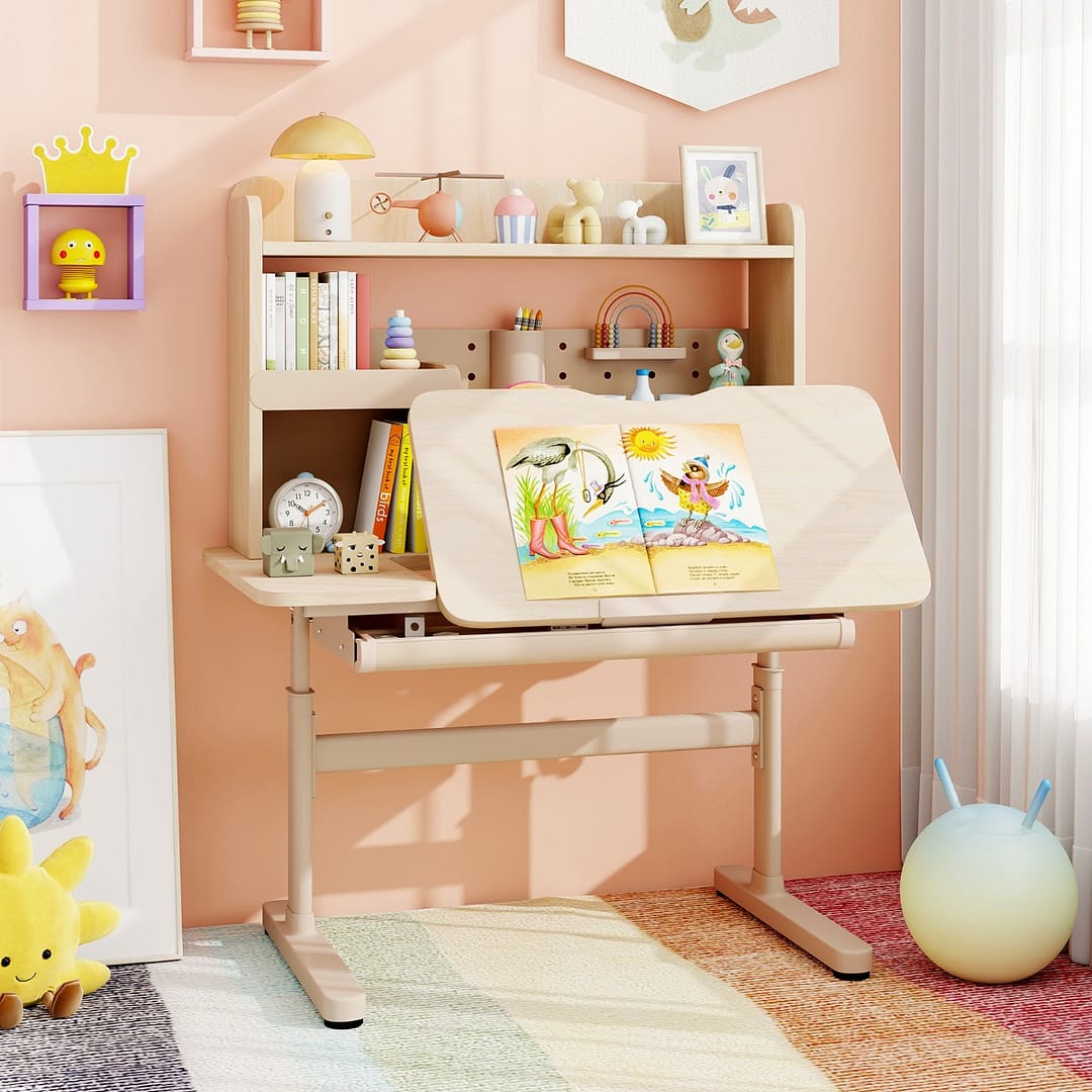 Costway Tavolo da studio regolabile in altezza con piano inclinabile mensole, Scrivania per bambini con libreria e cassetto Naturale