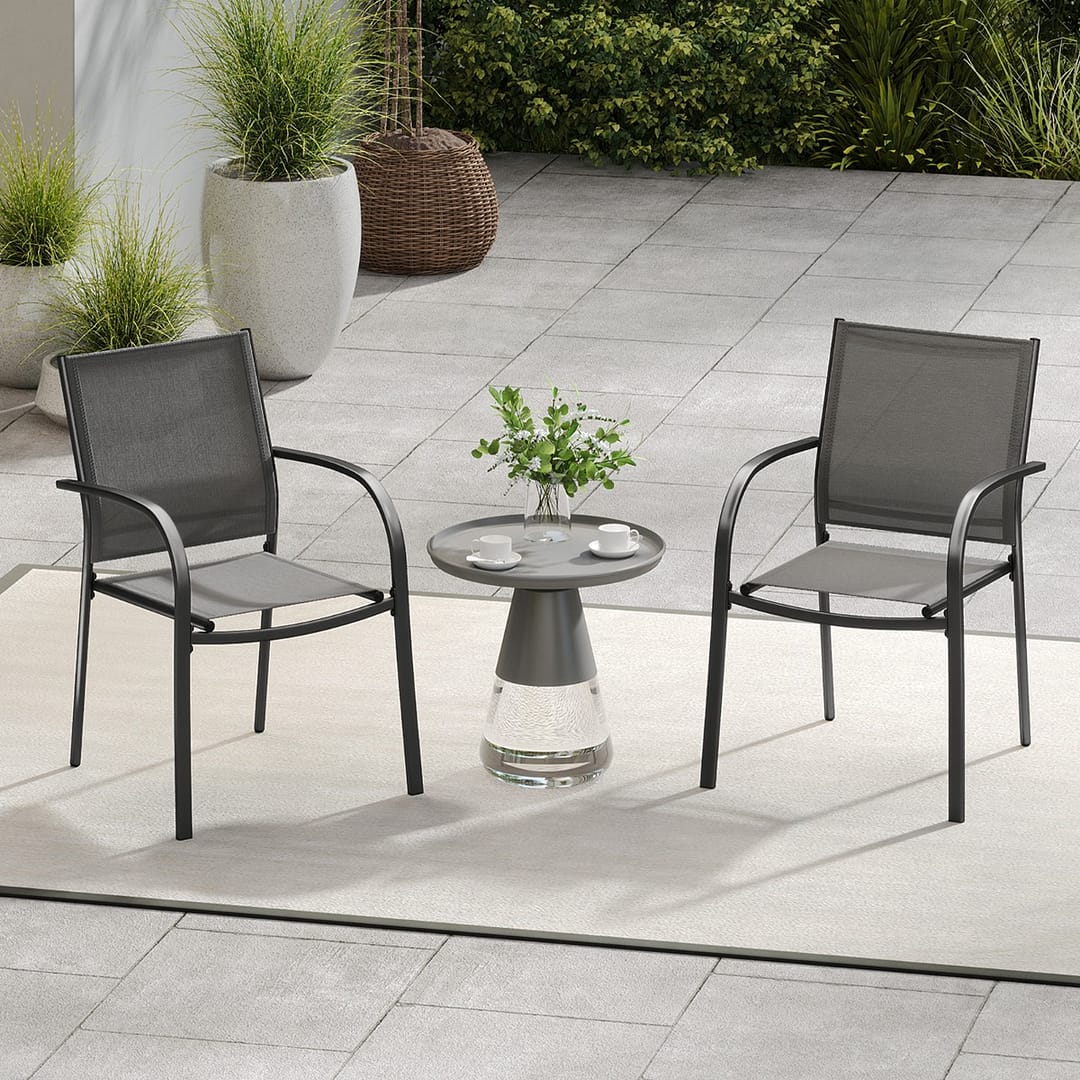 Costway Sedie da pranzo impilabili in metallo con seduta e schienale traspiranti per giardino, Set di 2 sedie da giardino piscina balcone Grigio