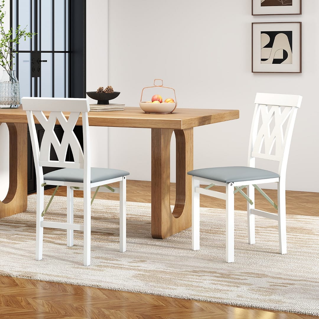 Costway Sedie da cucina senza braccioli rivestite in ecopelle con struttura in legno di gomma, Set di 2 sedie da pranzo pieghevoli Bianco