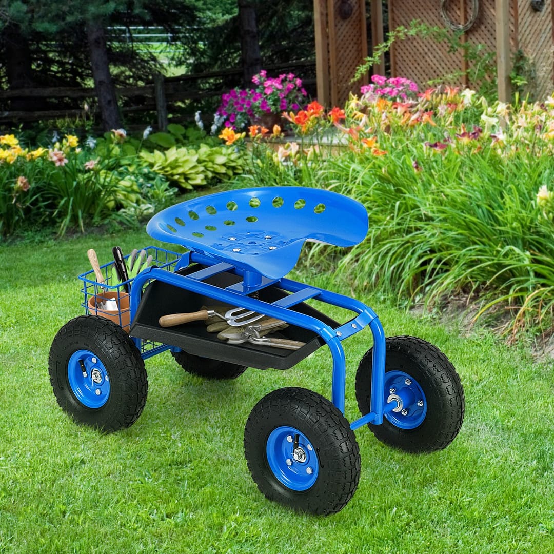 Costway Sgabello da giardino con ruote seduta regolabile in altezza e girevole a 360° cestello, Sedile per giardinaggio Blu