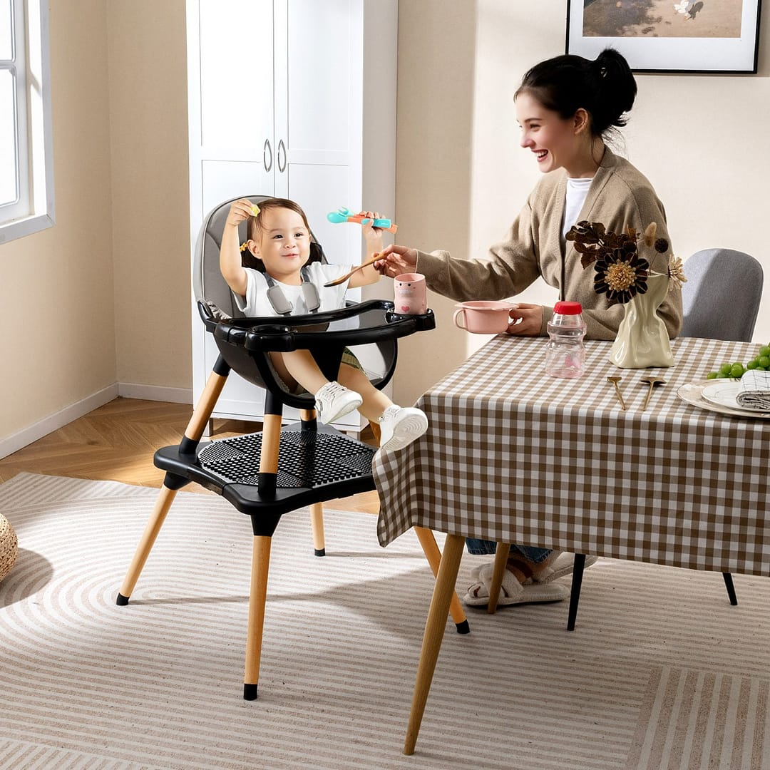 Costway Set tavolo sedia 6-in-1 convertibile con vassoio rimovibile, Sedia in legno per pranzo e studio per bambini Nero