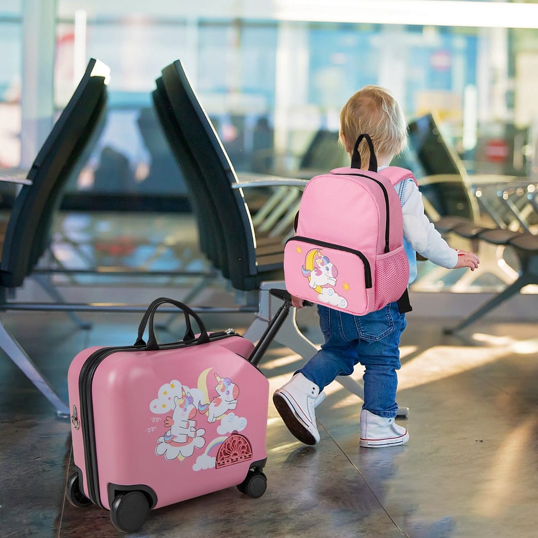 Costway Set 2 bagagli per bambini con ruote girevoli, Valigia rigida da 47x23cm e zaino con laccio da viaggio in aereo Rosa scuro