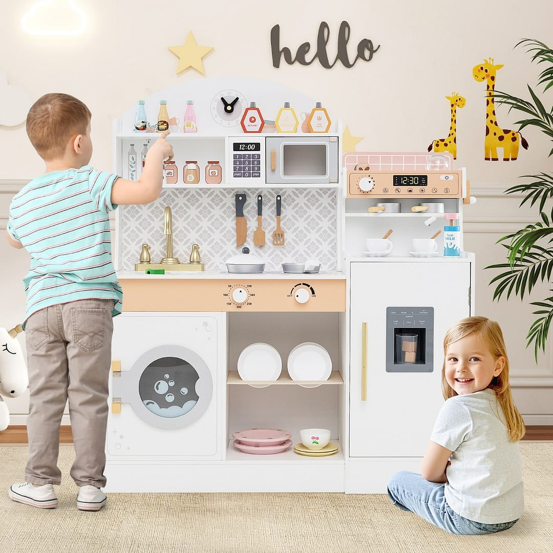Costway Set cucina per bambini con spazio di conservazione, Cucina in legno per gioco di cucina con accessori Bianco
