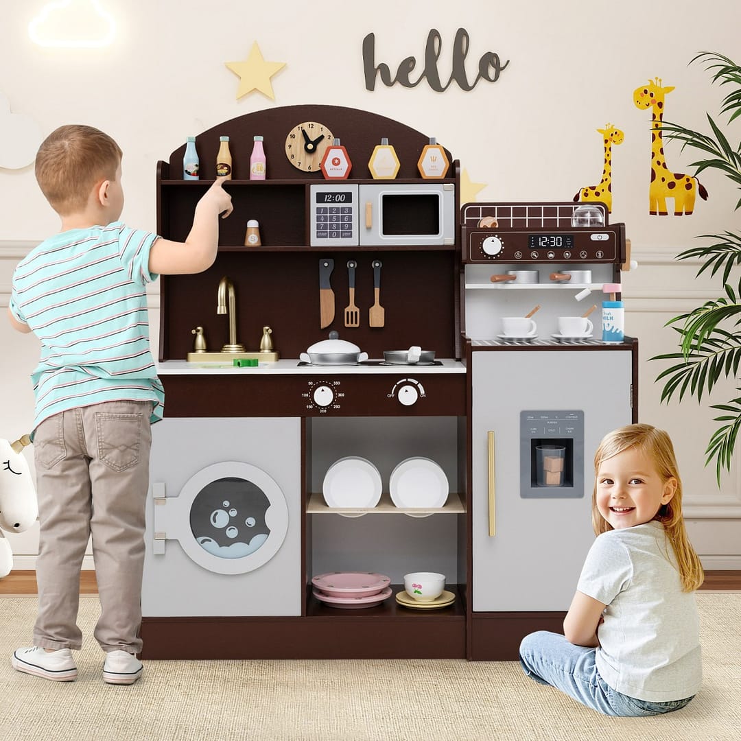 Costway Set cucina per bambini con spazio di conservazione, Cucina in legno per gioco di cucina con accessori Marrone
