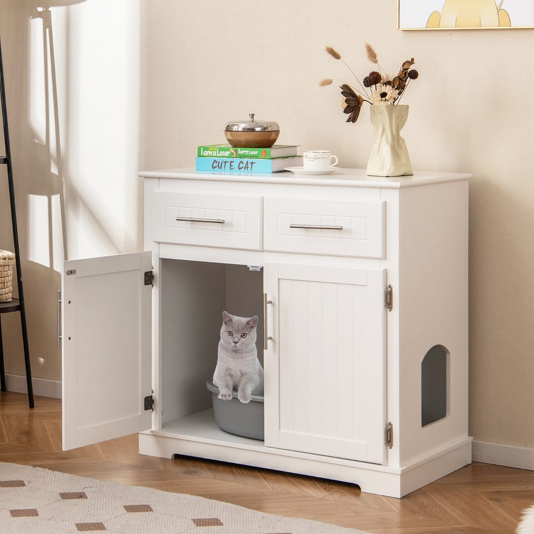 Costway Cassetta per gatti in legno con 2 cassetti, Mobili moderni per lettiera gatti con portaoggetti Bianco