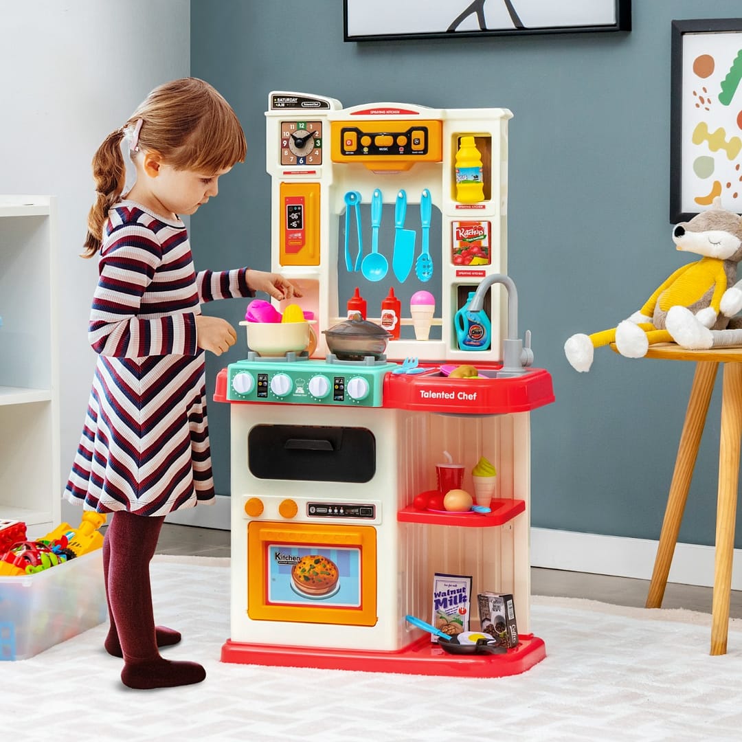 Costway Set da cucina per bambini con 65 accessori, Set giocattolo con finto vapore cappa aspirante con canzoni Rosa