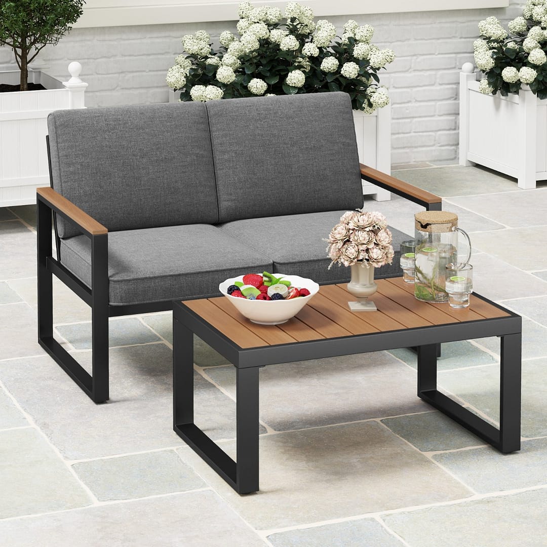 Costway Set da giardino in alluminio a 2 pezzi da esterno, Set da conversazione con braccioli e piano in Legno-Plastica