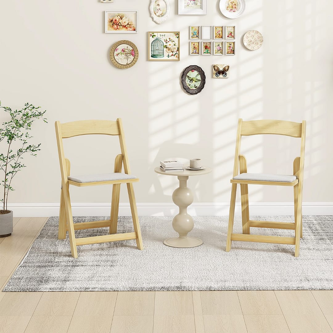 Costway Set di 2 sedie da pranzo con gambe in legno di gomma e sedile imbottito, Sedie da cucina pieghevoli Naturale