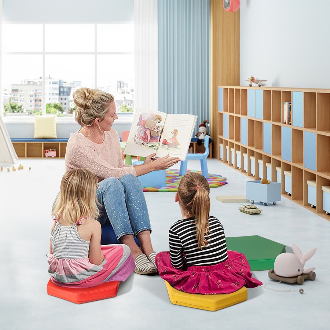 Costway Set di 6 cuscini esagonali morbidi con maniglie per bambini, Sedili portatili e flessibili per scuola Arcobaleno