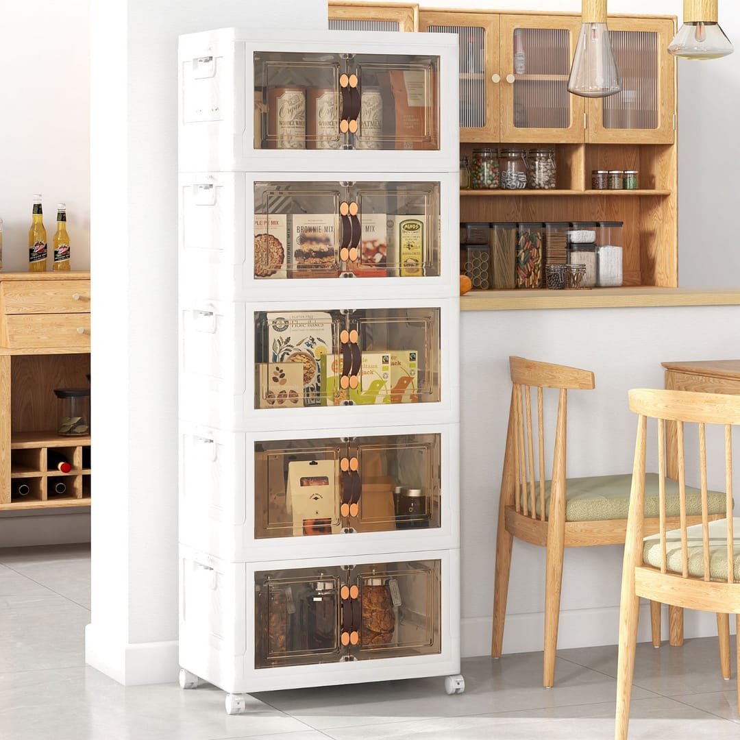 Costway Set di contenitori impilabili con ruote bloccabili, Mobile in PP pieghevole con coperchi Bianco 59,5x37,5x169cm