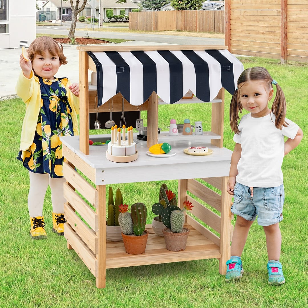 Costway Cucina giochi in legno a doppia faccia con lavandino vaschetta per l'acqua, Set di cucina per bambini dai 3+ anni Naturale