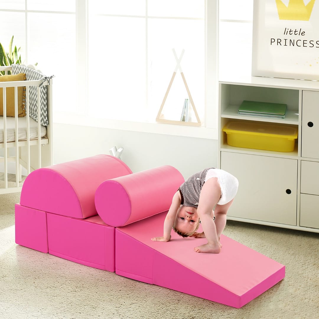 Costway Set di gioco da arrampicata per bambini da 5 pezzi, Strutture di gioco in schiuma impermeabili Rosa scuro