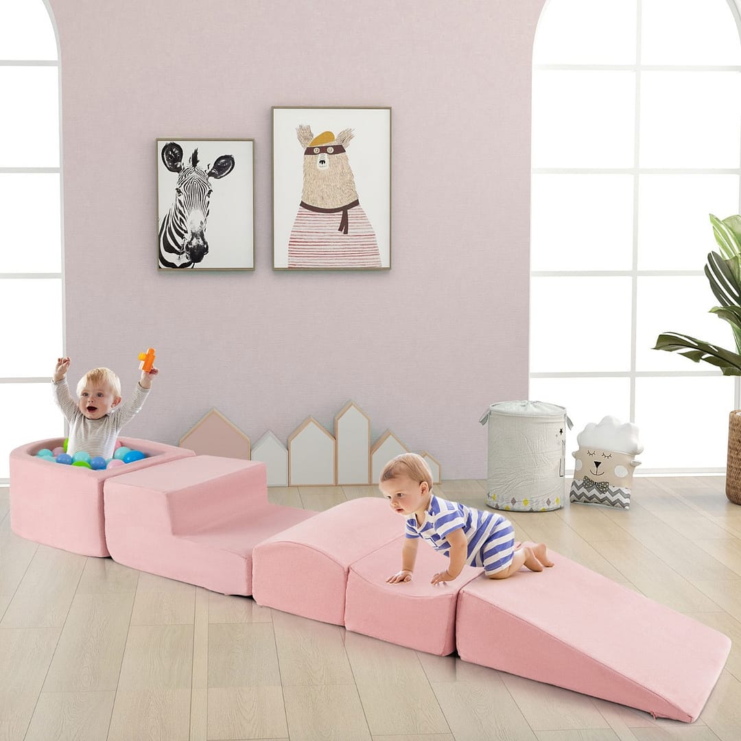 Costway Set di gioco in schiuma a 5 pezzi per bambini con piscina di palline coperture lavabili, Blocchi blocchi creativi Roseo