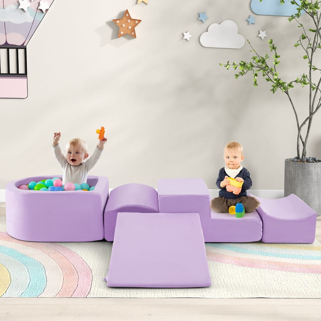 Costway Set di gioco in schiuma a 5 pezzi per bambini con piscina di palline coperture lavabili, Blocchi creativi Viola