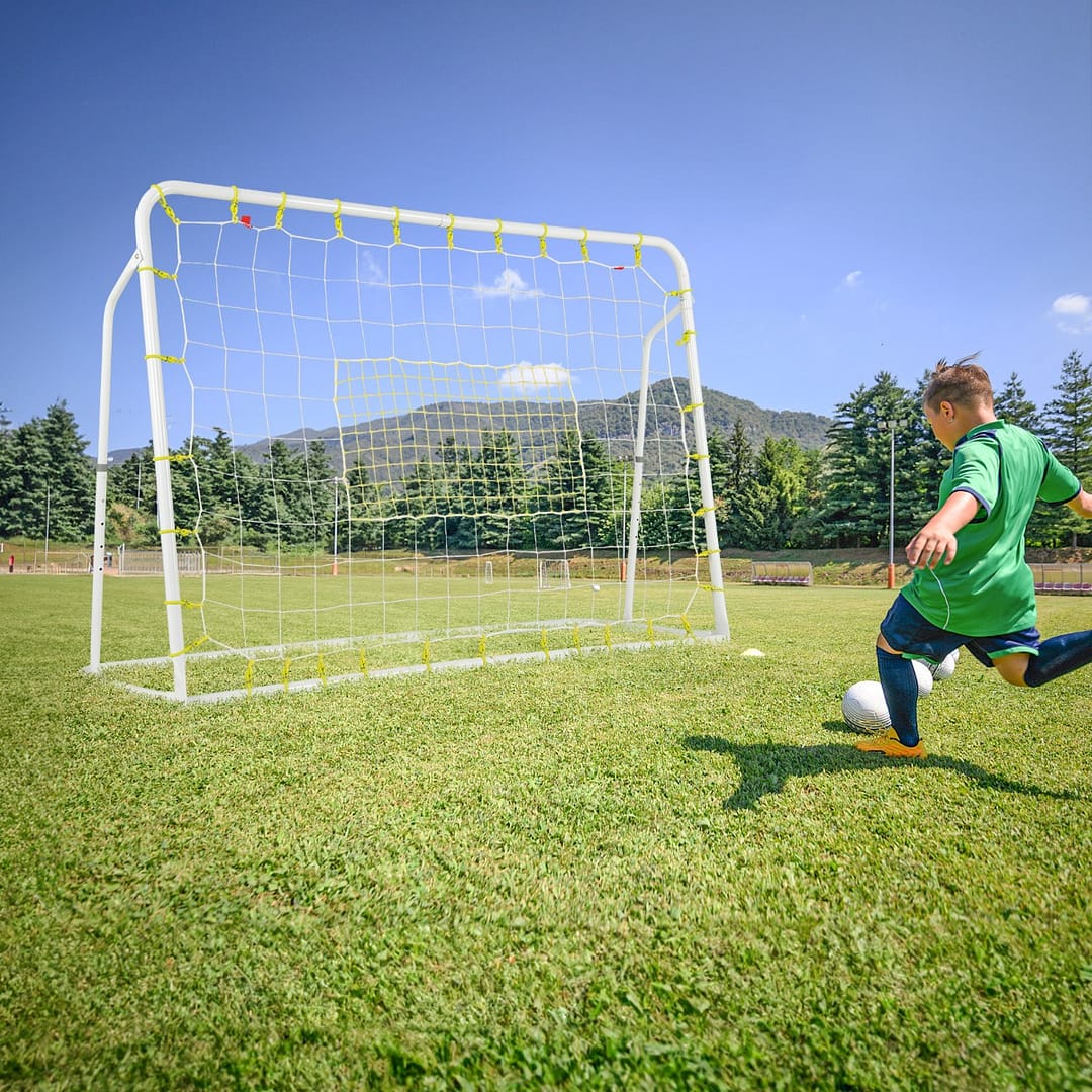 Costway Set di reti da calcio per bambini ribalta e porta da calcio, Set di rete di rimbalzo con struttura in metallo Bianco