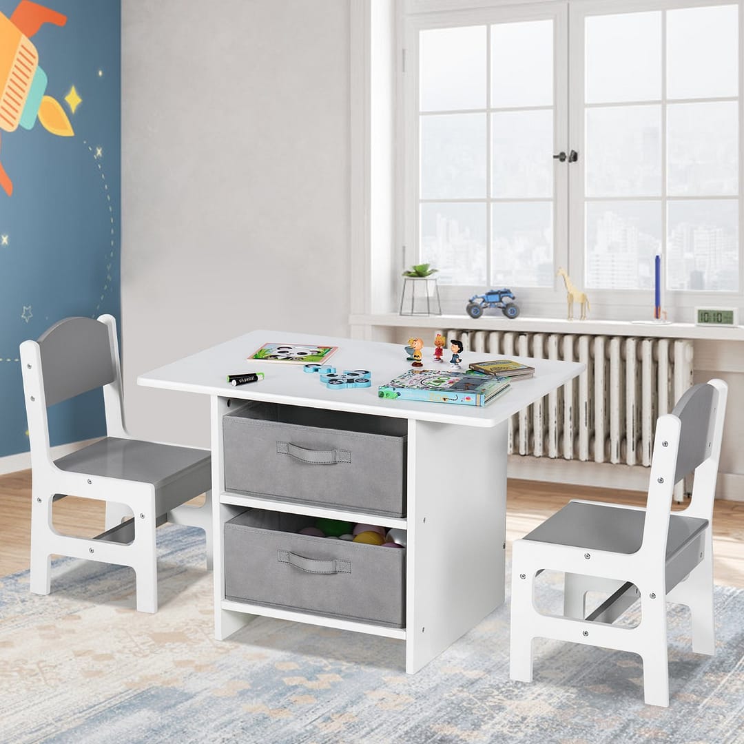 Costway Set di tavolo e 2 sedie bambini, Set di scrivania da 3 pezzi con ceste portaoggetti rimovibili per stanza giochi grigio