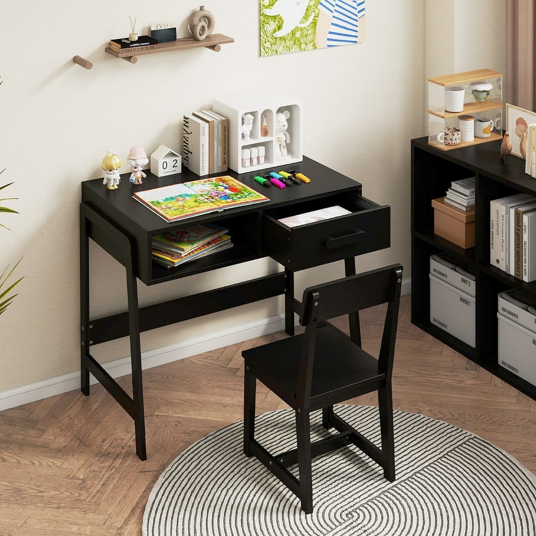 Costway Set scrivania e sedia con cassetto e scomparto, Set di tavoli da studio in legno per bambini Nero