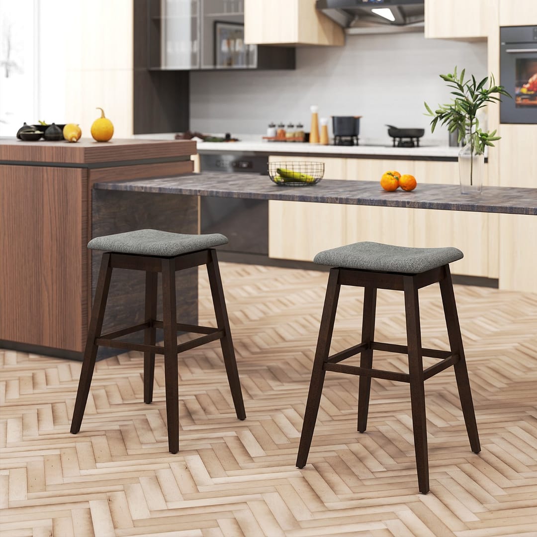 Costway Set di 2 sgabelli da bar girevoli gambe in legno di gomma soggiorno, Sedie da bar con seduta imbottita Marrone scuro