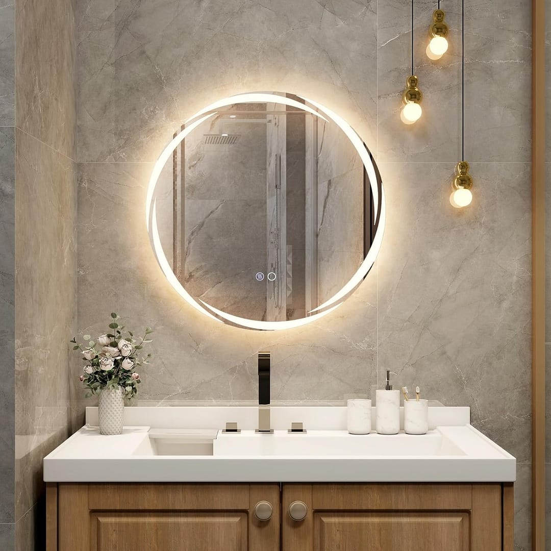 Costway Specchio da bagno 60x60cm con luci dimmerabili a 3 colori interruttore a sfioramento anti-appannamento, Specchio LED
