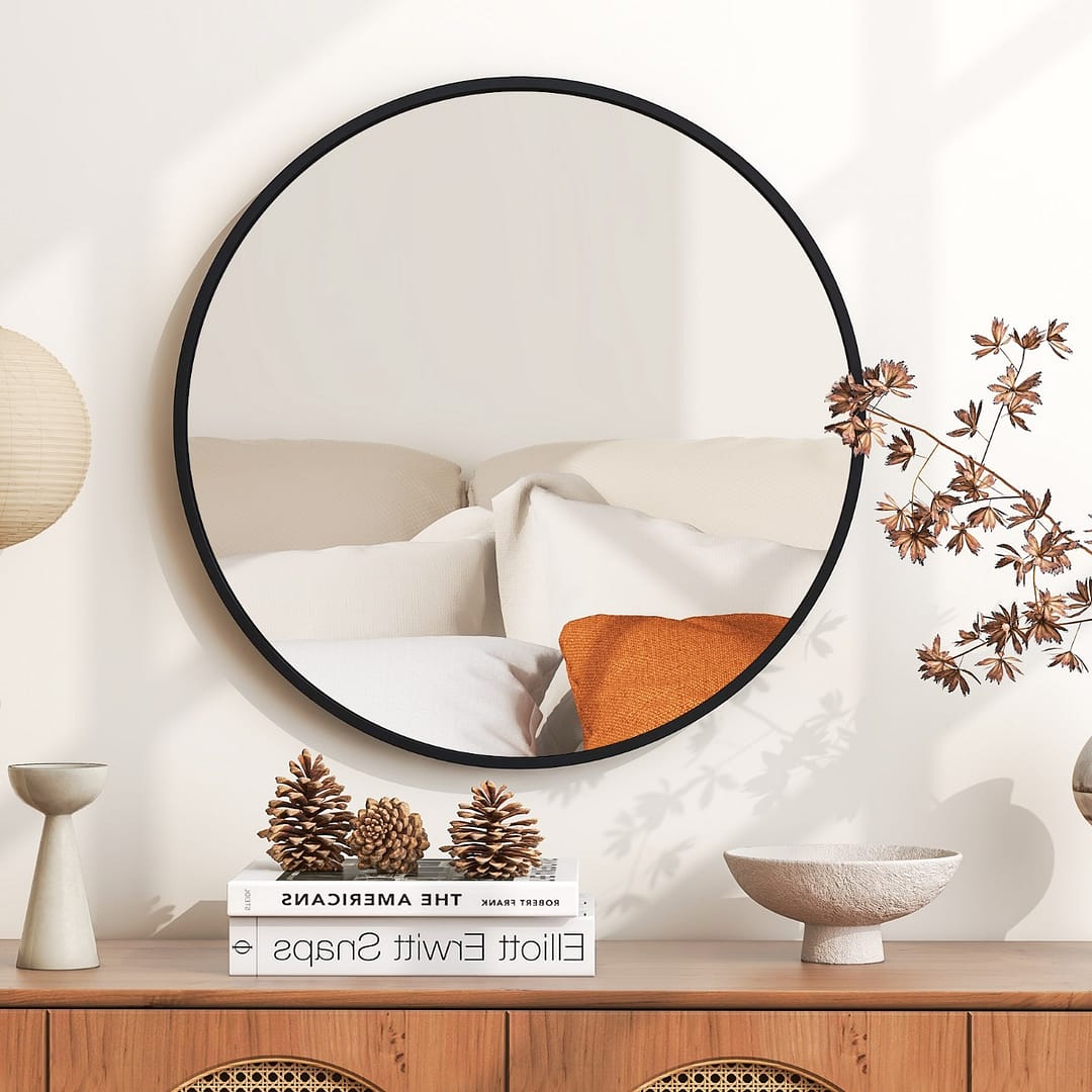 Costway Specchio rotondo 61cm con cornice in metallo spazzolato opaco antiruggine, Specchio da parete decorativo