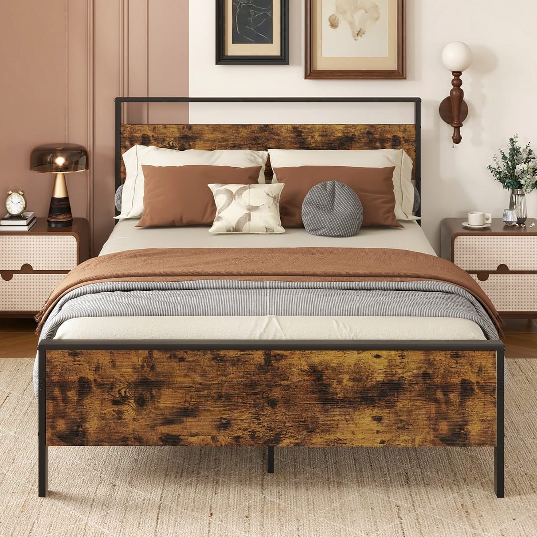 Costway Struttura letto matrimoniale per materasso con doghe in metallo robusto, Struttura del letto in legno industriale Marrone