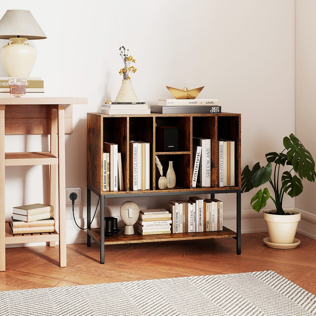 Costway Armadio con spazio per album tavolino porta-vinili con scaffali per soggiorno, Supporto per giradischi con stazione di ricarica Marrone