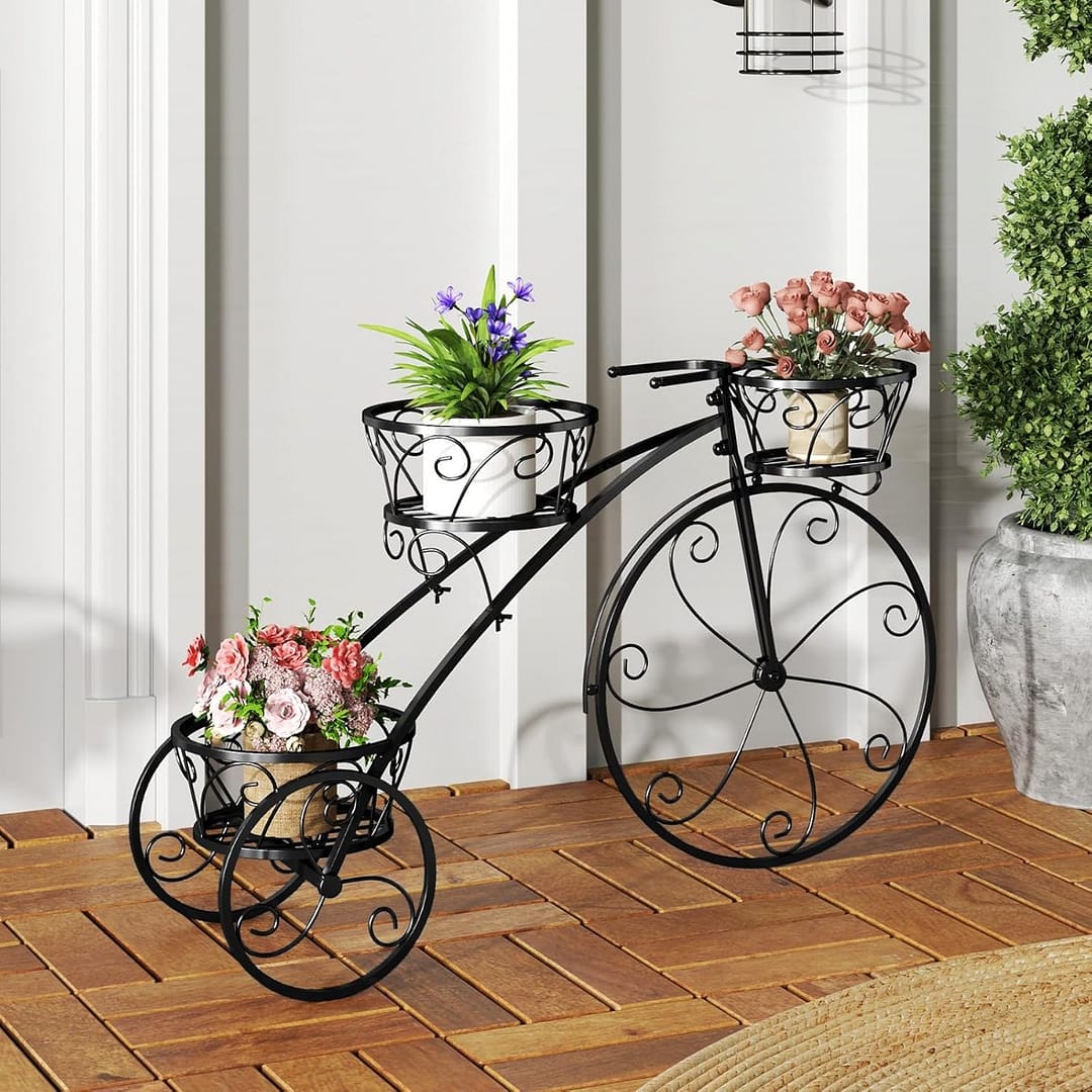 Costway Supporto per piante a triciclo con ruote, Fioriera metallica a 3 livelli per patio Nero