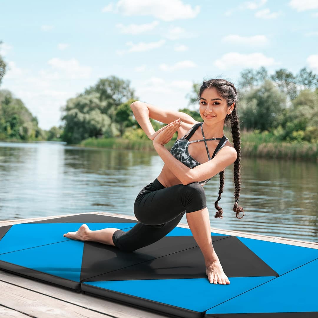 Costway Tappetino ginnastica pieghevole, Tappetino per tumbling in pelle PU con chiusure a strappo 240x117x5cm Blu e Nero