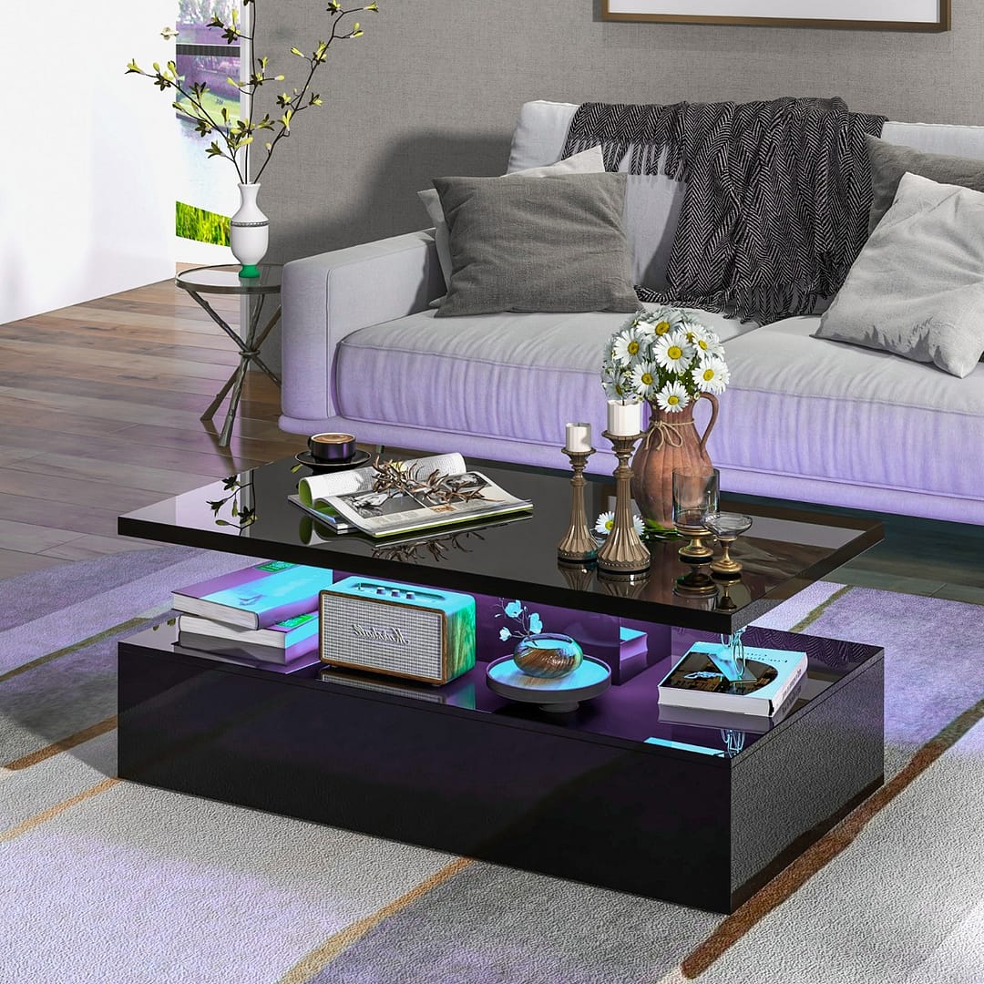 Costway Tavolino a 2 livelli con luci LED bianco lucido colori della luce regolabili, Tavolo da centro rettangolare Nero