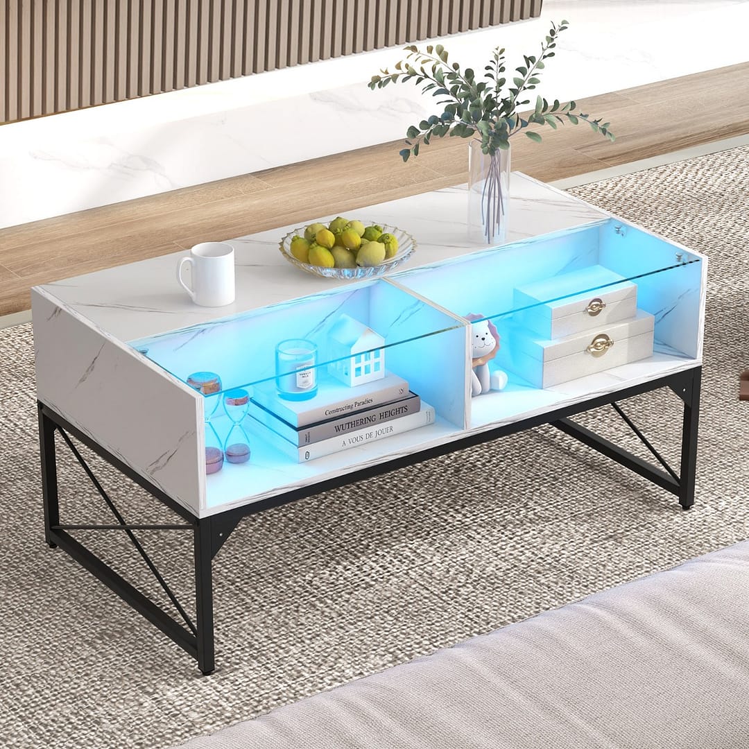 Costway Tavolino basso con luci LED regolabili e 4 cubi di stoccaggio, Tavolino da salotto moderno con elecomando Bianco
