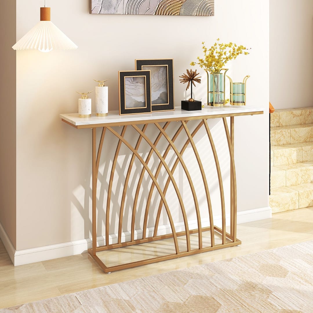 Costway Tavolo consolle da 120cm con piano effetto marmo base geometrica, Tavolo da ingresso lungo e stretto Bianco