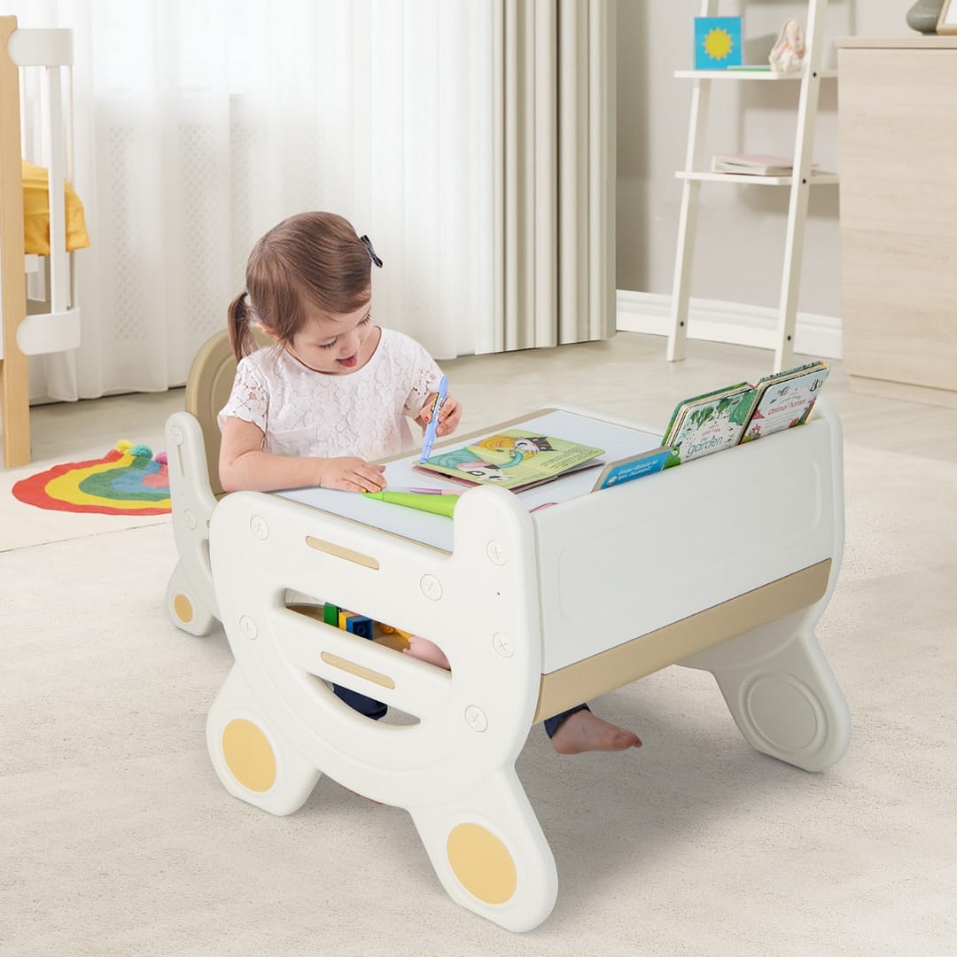 Costway Tavolo da disegno e sedia per bambini con acquarelli e gomma per lavagna, Tavolo con ripiano da leggere Marrone