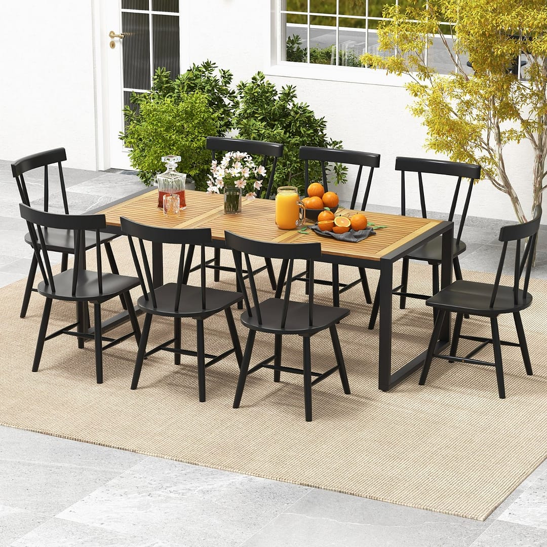 Costway Tavolo da pranzo per 8 persone in legno di acacia, Tavolo da patio con robusta struttura in metallo per giardino Naturale