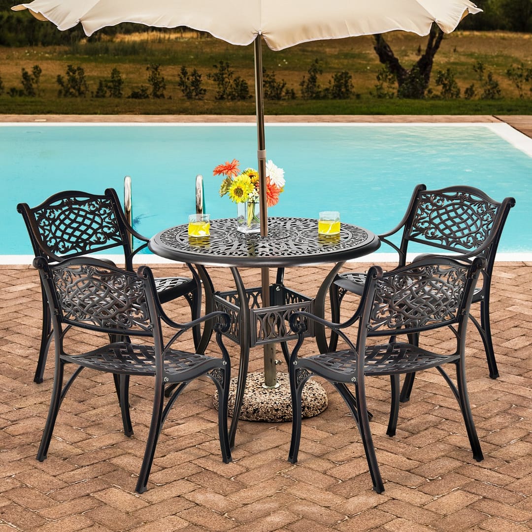 Costway Tavolo da bistro in alluminio fuso con foro per ombrellone da 5 cm per giardino, Tavolo da pranzo da patio 91 cm Bronzo antico