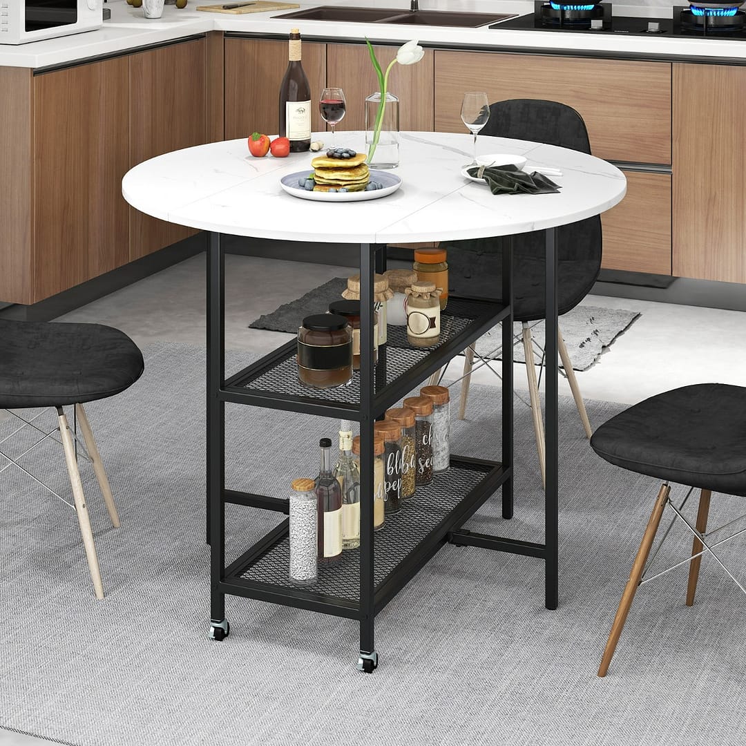 Costway Tavolo da pranzo pieghevole mobile per 2-4 persone con 2 mensole di stoccaggio, Tavolo a ribalta per sala da pranzo Bianco