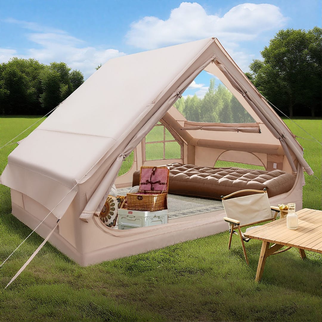 Costway Tenda gonfiabile impermeabile per 4-6 persone con pompa, Tenda familiare portatile facile da montare per tutte le stagioni Beige