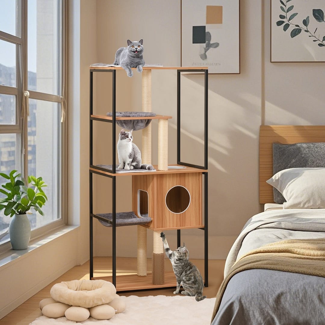 Costway Albero per gatti moderno da interno con struttura in metallo, Torre per gatti multilivell con tiragraffi Naturale
