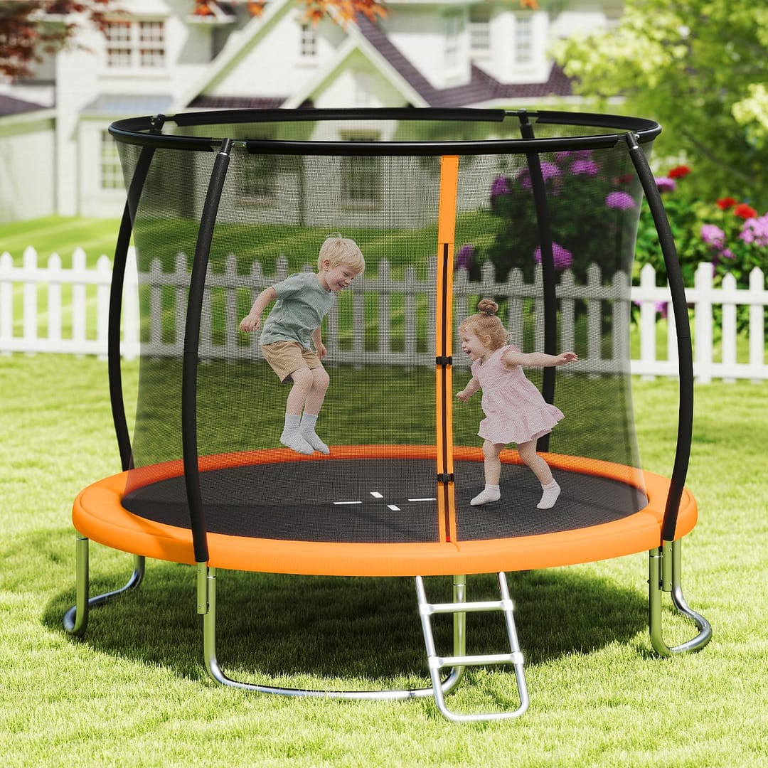 Costway Trampolino da esterno 305 cm con rete di sicurezza e scala, Trampolino ricreativo pesante per bambini e adulti Arancione