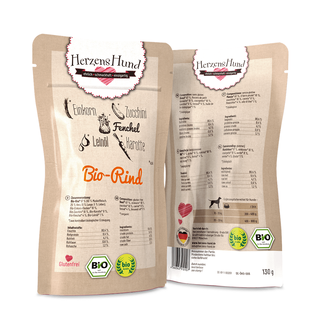 Herzens Hund Manzo Biologico con Verdure Bio Umido per Cani - 130 g