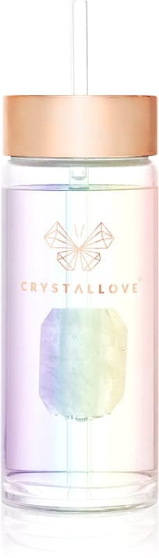 Crystallove Straw Water bottiglia d’acqua in vetro con cannuccia Hologram – Clear Quartz 400 ml